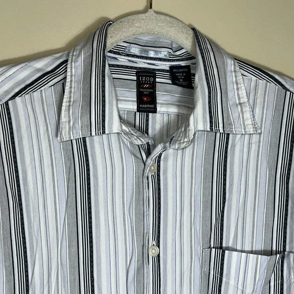 Izod Jeans Men's Medium‎ Maritime Button Down Shirt Blue Gray White Striped